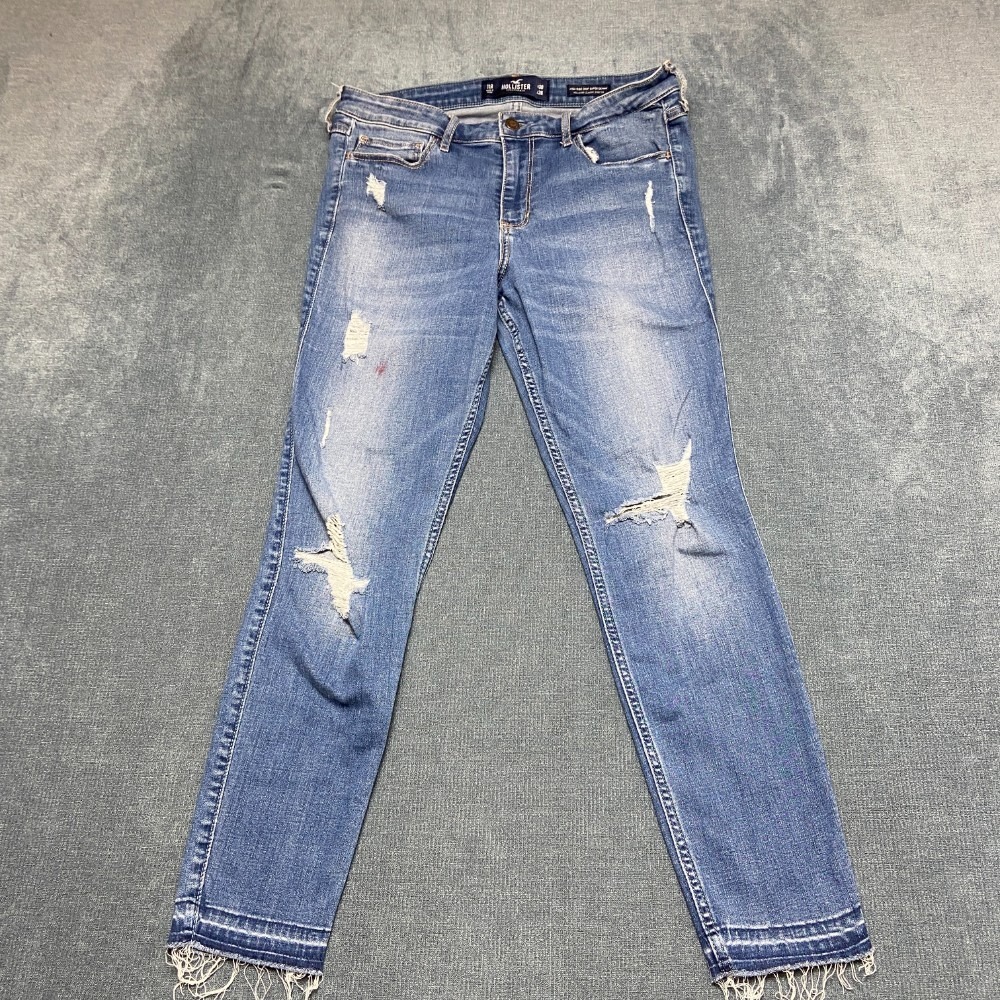 Hollister Jeans Womens 11R 30x26 Blue Denim Distressed Frayed Hem Skinny Leg